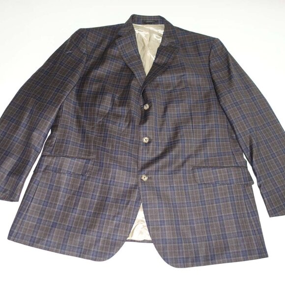 J. Hilburn Men's Sport Coat Size 48 Regular Navy Blue Brown Gray 100% Wool Plaid